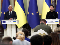 President of Ukraine Volodymyr Zelenskyy and President of the European Council Antonio Costa hold a joint news conference in Kyiv, Ukraine,...