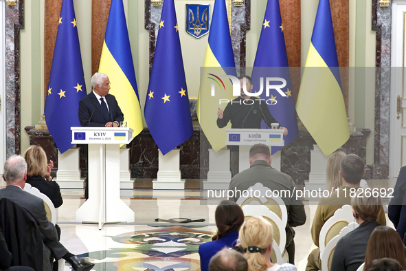 President of Ukraine Volodymyr Zelenskyy and President of the European Council Antonio Costa hold a joint news conference in Kyiv, Ukraine,...