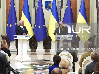 President of Ukraine Volodymyr Zelenskyy and President of the European Council Antonio Costa hold a joint news conference in Kyiv, Ukraine,...