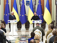 President of Ukraine Volodymyr Zelenskyy and President of the European Council Antonio Costa hold a joint news conference in Kyiv, Ukraine,...