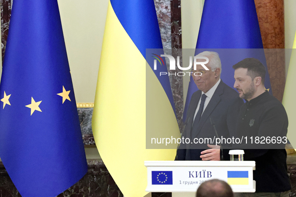 President of Ukraine Volodymyr Zelenskyy and President of the European Council Antonio Costa hold a joint news conference in Kyiv, Ukraine,...