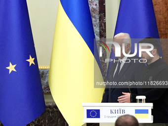 President of Ukraine Volodymyr Zelenskyy and President of the European Council Antonio Costa hold a joint news conference in Kyiv, Ukraine,...