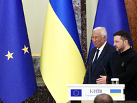 President of Ukraine Volodymyr Zelenskyy and President of the European Council Antonio Costa hold a joint news conference in Kyiv, Ukraine,...