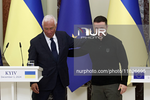 President of Ukraine Volodymyr Zelenskyy and President of the European Council Antonio Costa hold a joint news conference in Kyiv, Ukraine,...