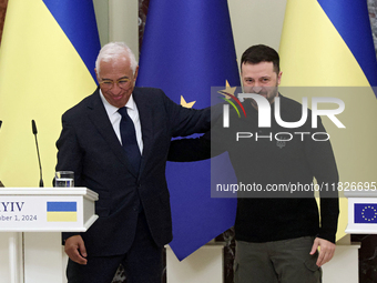 President of Ukraine Volodymyr Zelenskyy and President of the European Council Antonio Costa hold a joint news conference in Kyiv, Ukraine,...