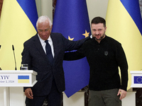 President of Ukraine Volodymyr Zelenskyy and President of the European Council Antonio Costa hold a joint news conference in Kyiv, Ukraine,...