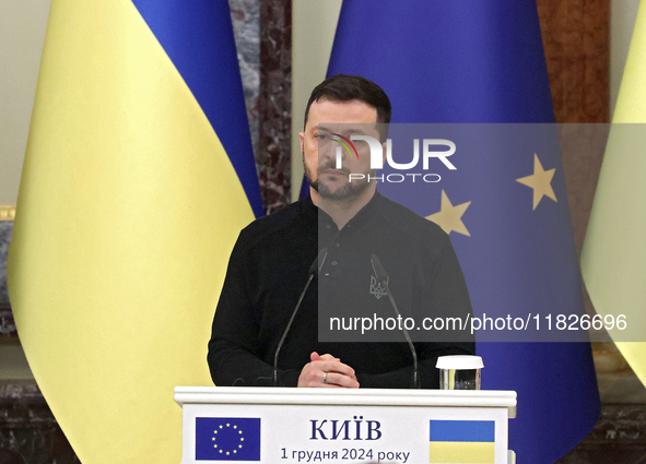 President of Ukraine Volodymyr Zelenskyy attends a joint news conference with President of the European Council Antonio Costa in Kyiv, Ukrai...