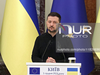 President of Ukraine Volodymyr Zelenskyy attends a joint news conference with President of the European Council Antonio Costa in Kyiv, Ukrai...