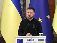 President of Ukraine Volodymyr Zelenskyy attends a joint news conference with President of the European Council Antonio Costa in Kyiv, Ukrai...