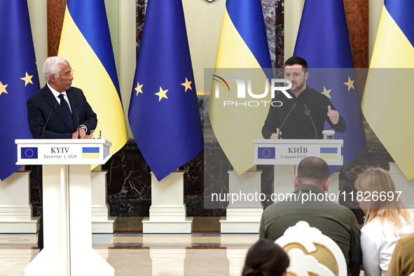 President of Ukraine Volodymyr Zelenskyy and President of the European Council Antonio Costa hold a joint news conference in Kyiv, Ukraine,...