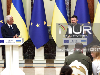 President of Ukraine Volodymyr Zelenskyy and President of the European Council Antonio Costa hold a joint news conference in Kyiv, Ukraine,...