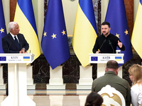 President of Ukraine Volodymyr Zelenskyy and President of the European Council Antonio Costa hold a joint news conference in Kyiv, Ukraine,...