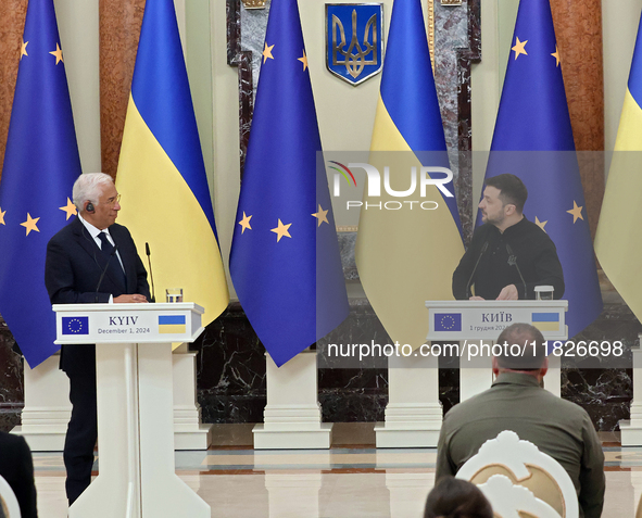 President of Ukraine Volodymyr Zelenskyy and President of the European Council Antonio Costa hold a joint news conference in Kyiv, Ukraine,...