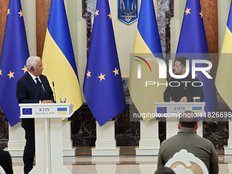 President of Ukraine Volodymyr Zelenskyy and President of the European Council Antonio Costa hold a joint news conference in Kyiv, Ukraine,...