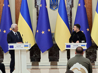 President of Ukraine Volodymyr Zelenskyy and President of the European Council Antonio Costa hold a joint news conference in Kyiv, Ukraine,...