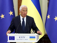 President of the European Council Antonio Costa attends a joint news conference with President of Ukraine Volodymyr Zelenskyy in Kyiv, Ukrai...