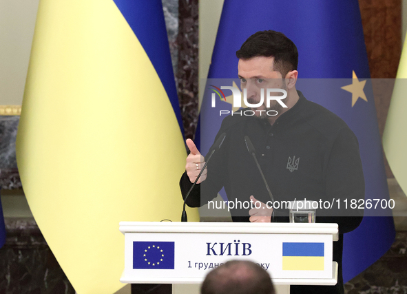 President of Ukraine Volodymyr Zelenskyy attends a joint news conference with President of the European Council Antonio Costa in Kyiv, Ukrai...