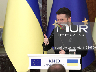 President of Ukraine Volodymyr Zelenskyy attends a joint news conference with President of the European Council Antonio Costa in Kyiv, Ukrai...