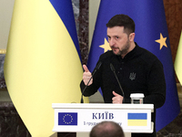 President of Ukraine Volodymyr Zelenskyy attends a joint news conference with President of the European Council Antonio Costa in Kyiv, Ukrai...