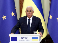 President of the European Council Antonio Costa attends a joint news conference with President of Ukraine Volodymyr Zelenskyy in Kyiv, Ukrai...