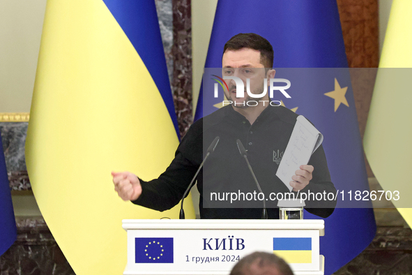 President of Ukraine Volodymyr Zelenskyy attends a joint news conference with President of the European Council Antonio Costa in Kyiv, Ukrai...