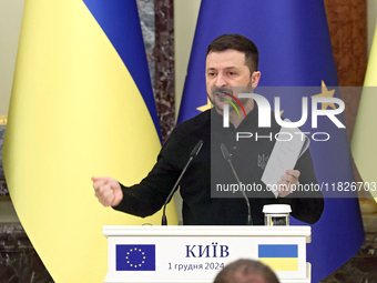 President of Ukraine Volodymyr Zelenskyy attends a joint news conference with President of the European Council Antonio Costa in Kyiv, Ukrai...