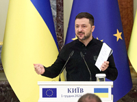 President of Ukraine Volodymyr Zelenskyy attends a joint news conference with President of the European Council Antonio Costa in Kyiv, Ukrai...