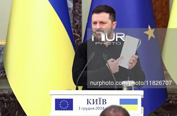 President of Ukraine Volodymyr Zelenskyy attends a joint news conference with President of the European Council Antonio Costa in Kyiv, Ukrai...