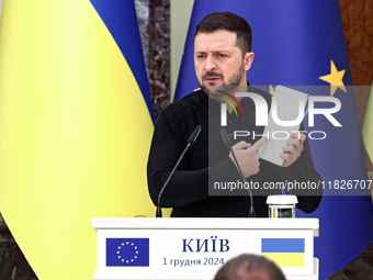 President of Ukraine Volodymyr Zelenskyy attends a joint news conference with President of the European Council Antonio Costa in Kyiv, Ukrai...