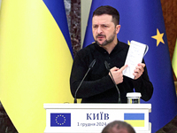 President of Ukraine Volodymyr Zelenskyy attends a joint news conference with President of the European Council Antonio Costa in Kyiv, Ukrai...