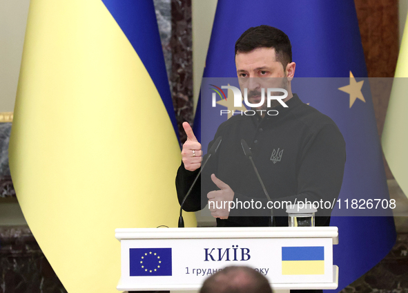 President of Ukraine Volodymyr Zelenskyy attends a joint news conference with President of the European Council Antonio Costa in Kyiv, Ukrai...