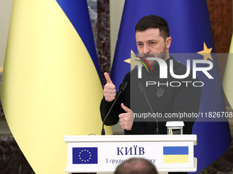 President of Ukraine Volodymyr Zelenskyy attends a joint news conference with President of the European Council Antonio Costa in Kyiv, Ukrai...