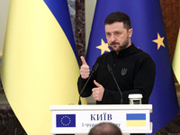 President of Ukraine Volodymyr Zelenskyy attends a joint news conference with President of the European Council Antonio Costa in Kyiv, Ukrai...