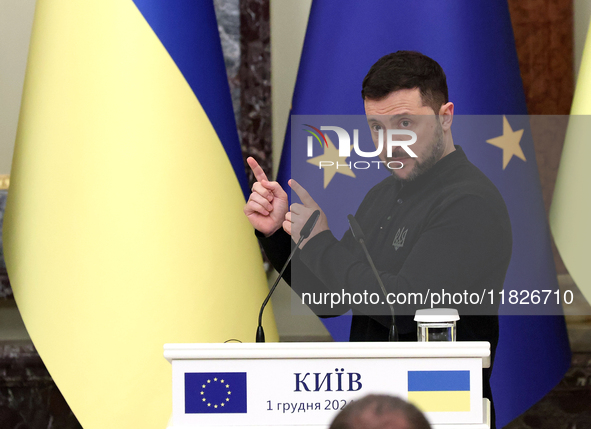 President of Ukraine Volodymyr Zelenskyy attends a joint news conference with President of the European Council Antonio Costa in Kyiv, Ukrai...