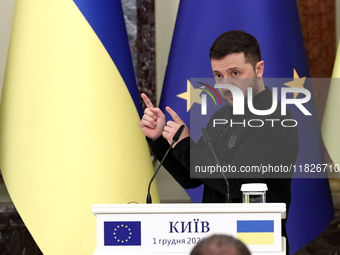 President of Ukraine Volodymyr Zelenskyy attends a joint news conference with President of the European Council Antonio Costa in Kyiv, Ukrai...