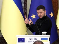 President of Ukraine Volodymyr Zelenskyy attends a joint news conference with President of the European Council Antonio Costa in Kyiv, Ukrai...