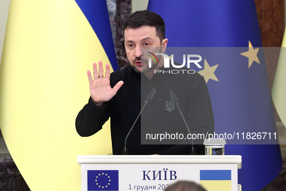 President of Ukraine Volodymyr Zelenskyy attends a joint news conference with President of the European Council Antonio Costa in Kyiv, Ukrai...