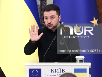 President of Ukraine Volodymyr Zelenskyy attends a joint news conference with President of the European Council Antonio Costa in Kyiv, Ukrai...