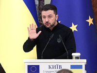 President of Ukraine Volodymyr Zelenskyy attends a joint news conference with President of the European Council Antonio Costa in Kyiv, Ukrai...