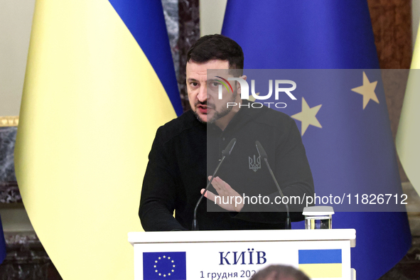 President of Ukraine Volodymyr Zelenskyy attends a joint news conference with President of the European Council Antonio Costa in Kyiv, Ukrai...