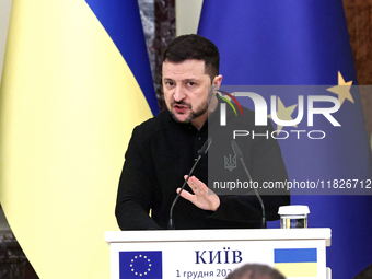 President of Ukraine Volodymyr Zelenskyy attends a joint news conference with President of the European Council Antonio Costa in Kyiv, Ukrai...