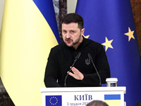 President of Ukraine Volodymyr Zelenskyy attends a joint news conference with President of the European Council Antonio Costa in Kyiv, Ukrai...