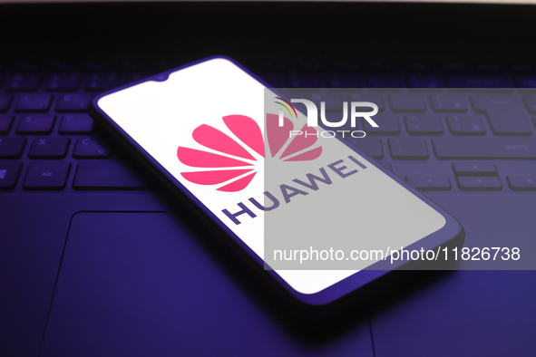 The Huawei Technologies logo appears on the screen of a smartphone in Reno, United States, on December 1, 2024. 