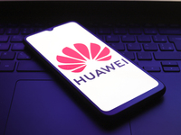 The Huawei Technologies logo appears on the screen of a smartphone in Reno, United States, on December 1, 2024. (