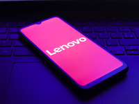 The Lenovo logo appears on the screen of a smartphone in Reno, United States, on December 1, 2024. (