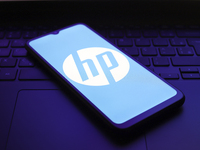 The HP Inc. logo appears on the screen of a smartphone in Reno, United States, on December 1, 2024. (