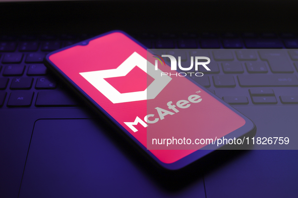 The McAfee logo appears on the screen of a smartphone in Reno, United States, on December 1, 2024. 