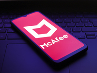 The McAfee logo appears on the screen of a smartphone in Reno, United States, on December 1, 2024. (