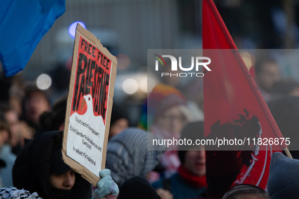 More than a hundred pro-Palestinian protesters take part in a demonstration against the German government's supply of arms to Israel in Colo...