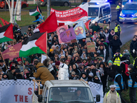 More than a hundred pro-Palestinian protesters take part in a demonstration against the German government's supply of arms to Israel in Colo...